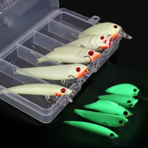 Conjunto Goture 5 Amostras Luminosas Noturnas com Caixa – Minnow, Popper, Crank, Pencil e VIB