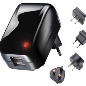 CARREGADOR COM DUAS SAÍDAS USB – 5V-1A, 5W + 4 FICHAS DE VIAGEM